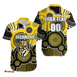 Custom Personalised And Number Yellow AFL Hawaiian Shirt Aboriginal Patterns