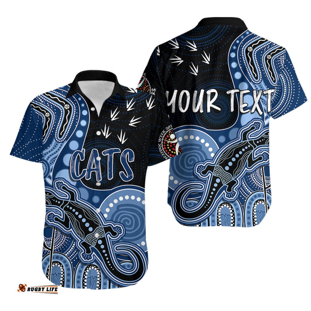Personalised NAIDOC Week AFL Cats Hawaiian Shirt Aboriginal Dot Art Lizard Mix Boomerang