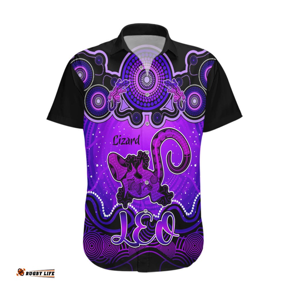 Personalised Australia Leo Lizard Zodiac Hawaiian Shirt Auz Astrology Aboriginal Purple