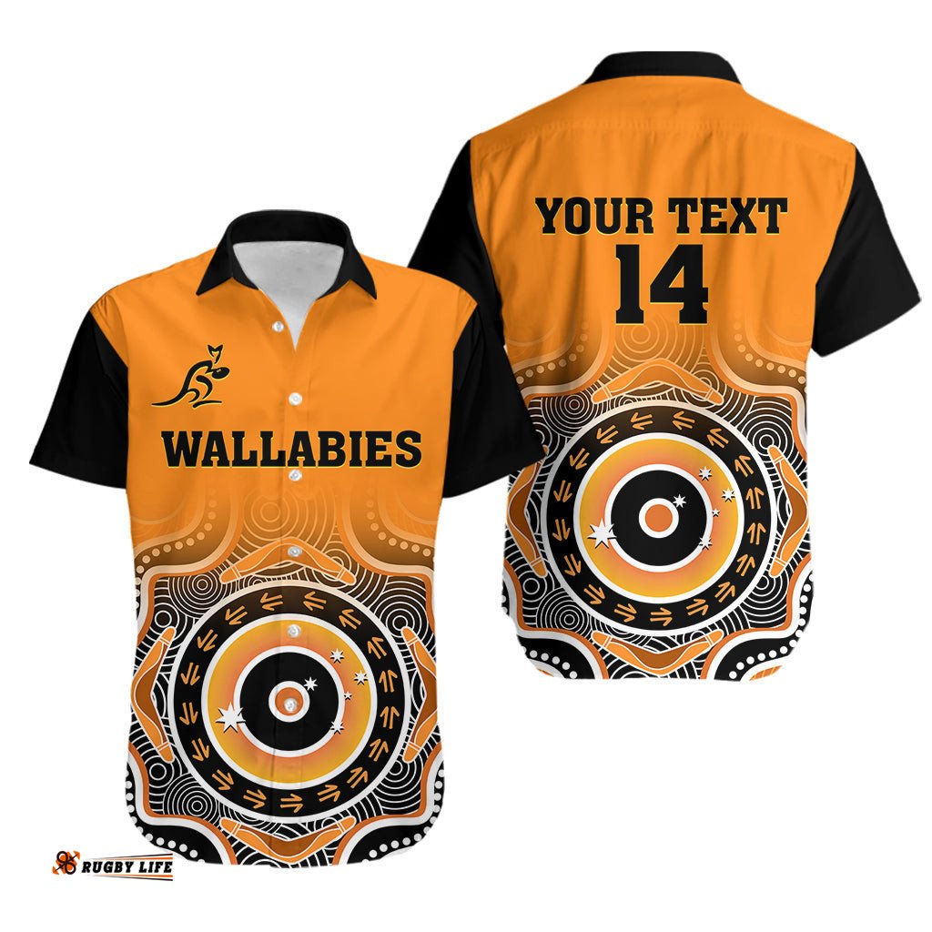 Custom Text And Number Wallabies Rugby Hawaiian Shirt Aussie Go Champions Indigenous Orange