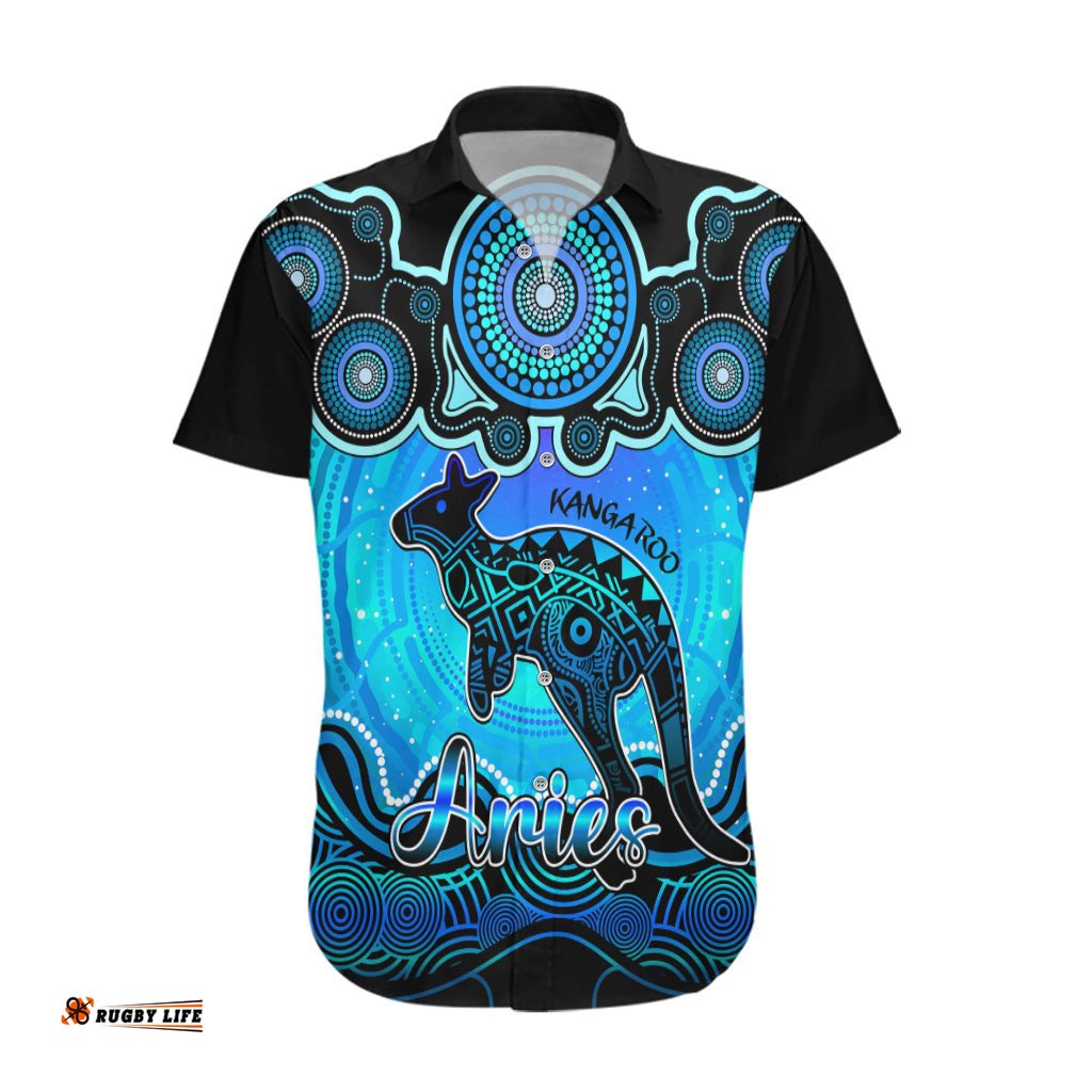 Personalised Australia Aries Kangaroo Zodiac Hawaiian Shirt Auz Astrology Aboriginal Aqua