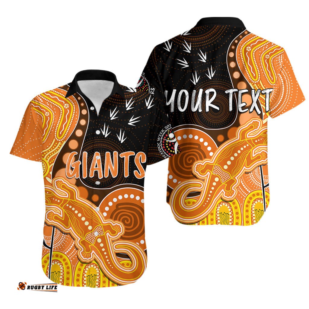 Personalised NAIDOC Week AFL Giants Hawaiian Shirt Aboriginal Dot Art Lizard Mix Boomerang