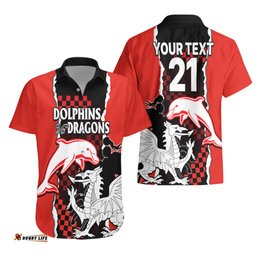Custom Text And Number NRL Combine Dolphins and Dragons Hawaiian Shirt Sporty Style