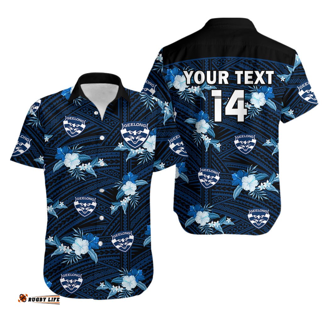 Custom Text And Number Geelong Cats Football Hawaiian Shirt Polynesian Tribal Mix Tropical Hawaiian Style