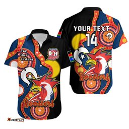 Custom Text And Number Roosters Rugby NAIDOC Hawaiian Shirt Tricolours For Our Elders Indigenous Art