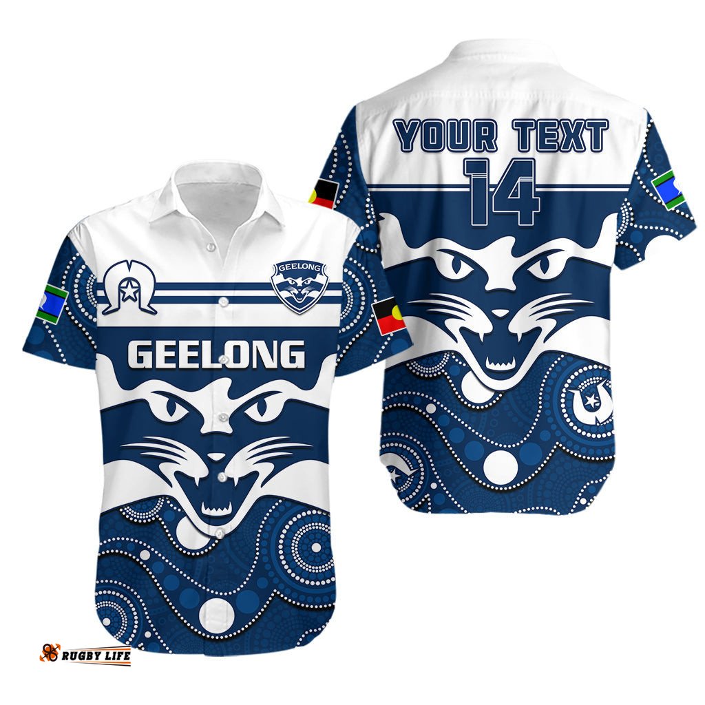 Custom Text And Number Geelong Football NAIDOC Hawaiian Shirt Cats For Our Elders Indigenous Art