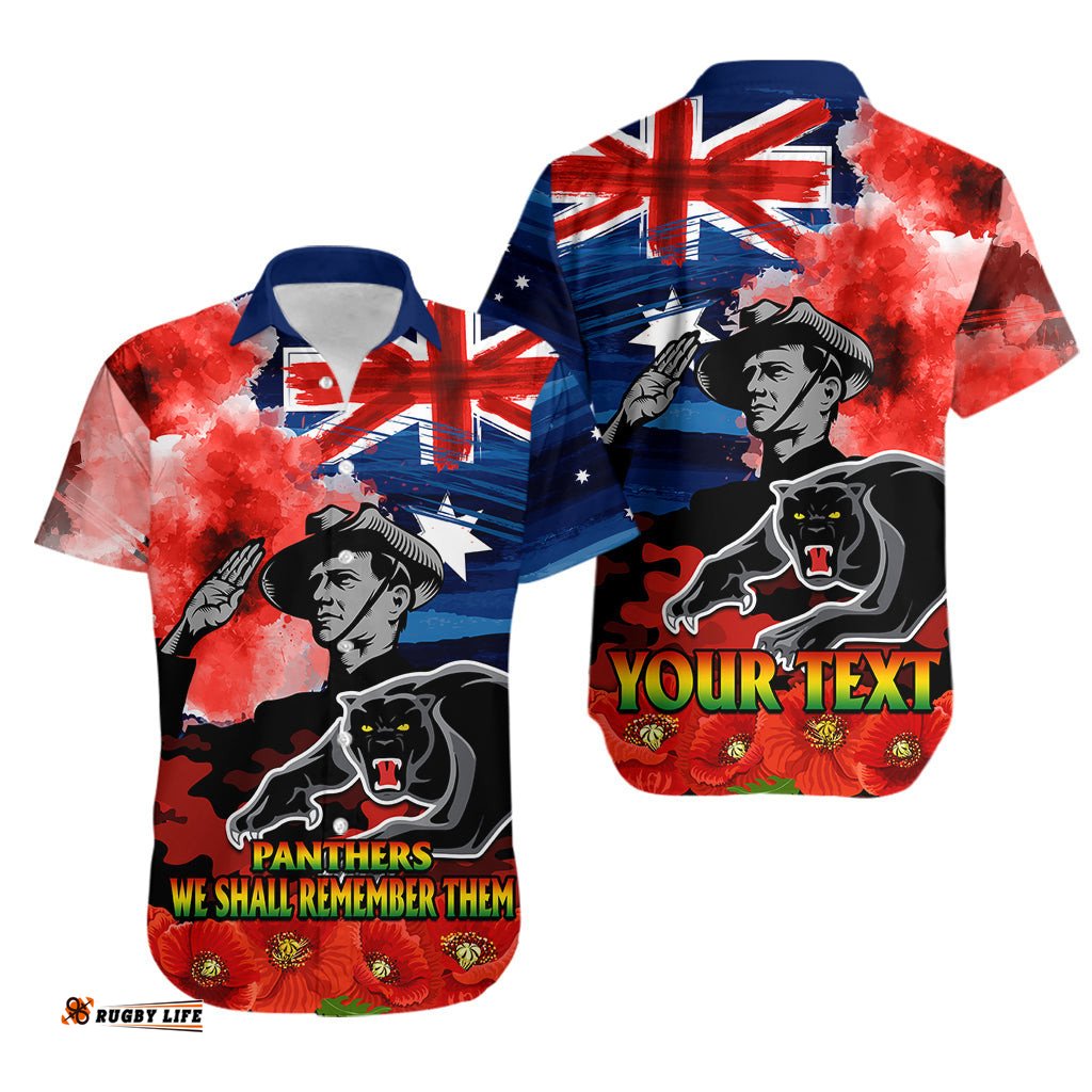 Custom Personalised ANZAC Panthers Rugby Hawaiian Shirt We Shall Remember