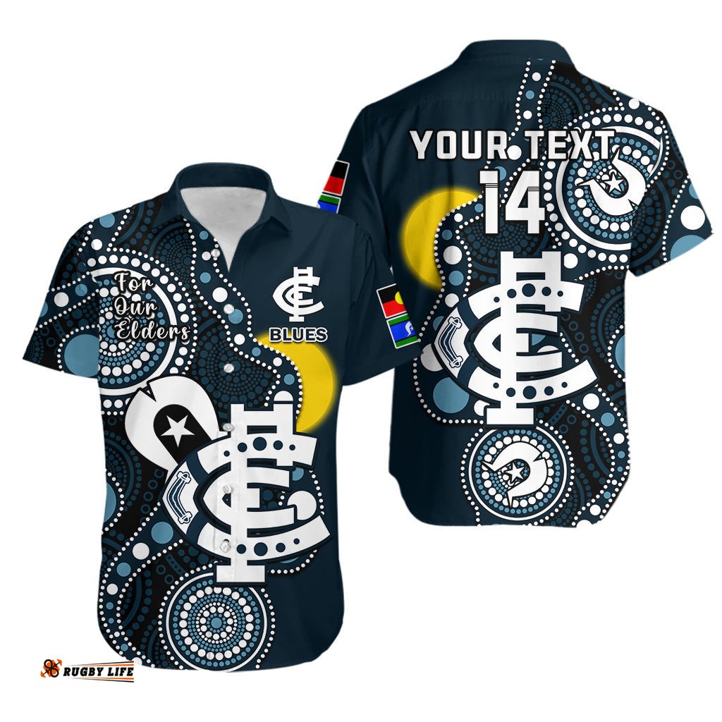 Custom Text And Number Carlton Football NAIDOC Hawaiian Shirt Blues For Our Elders Indigenous Art