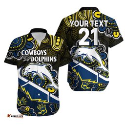 Custom Text And Number NRL Combine Dolphins and Cowboys Hawaiian Shirt Aboriginal