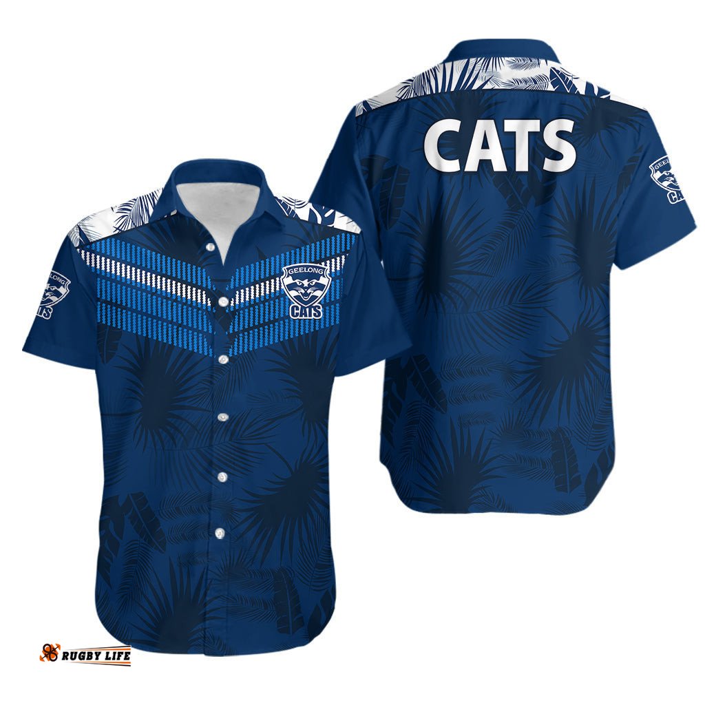 Geelong Cats Football Hawaiian Shirt Simple Hawaiian Palms Leaf