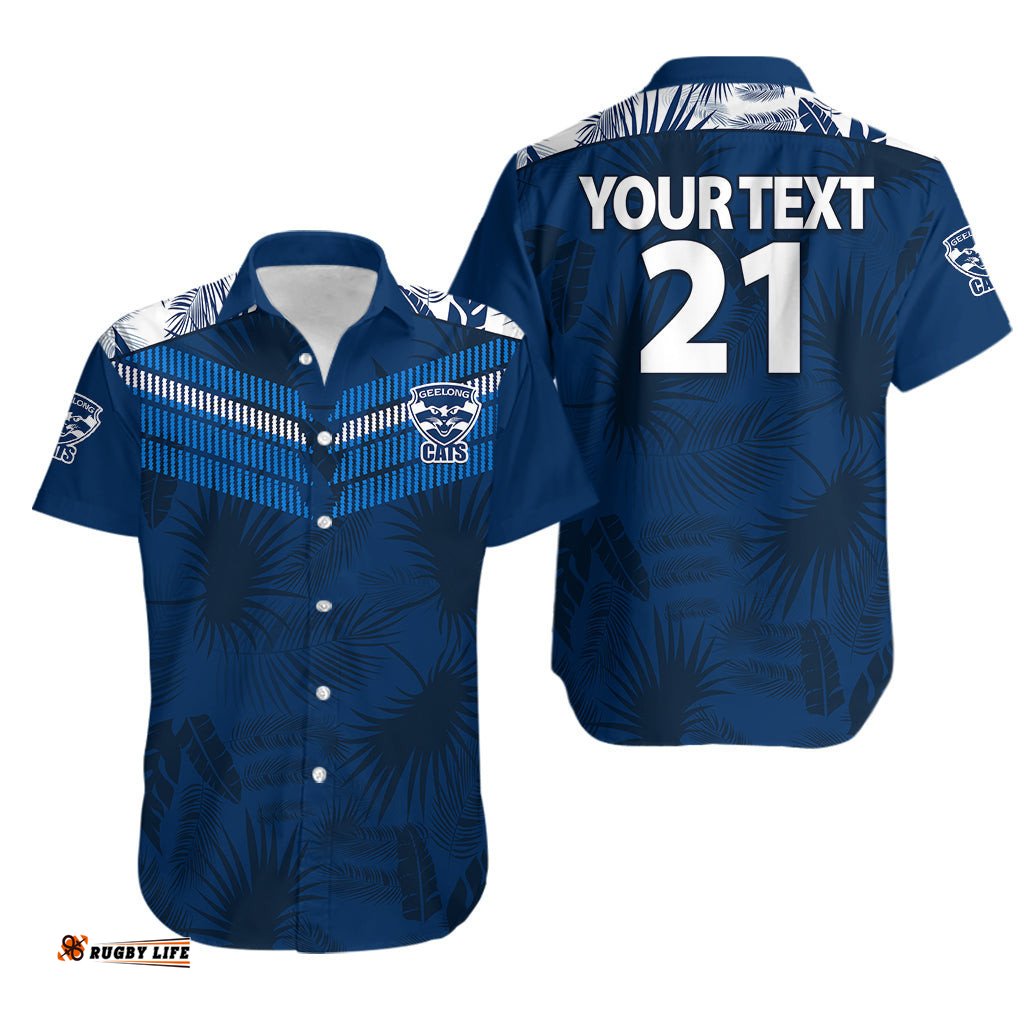 Custom Text And Number Geelong Cats Football Hawaiian Shirt Simple Hawaiian Palms Leaf