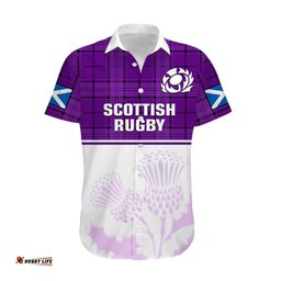 Scotland Rugby Hawaiian Shirt Thistle Mix Tartan Scottish Map Sporty Version Purple