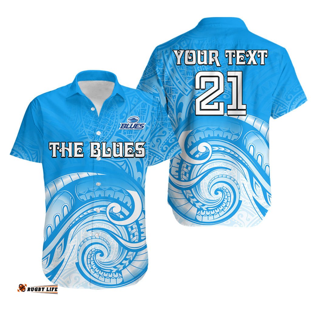 Custom Text And Number Super Blues Rugby Union Auckland Hawaiian Shirt New Zealand Koru Maori