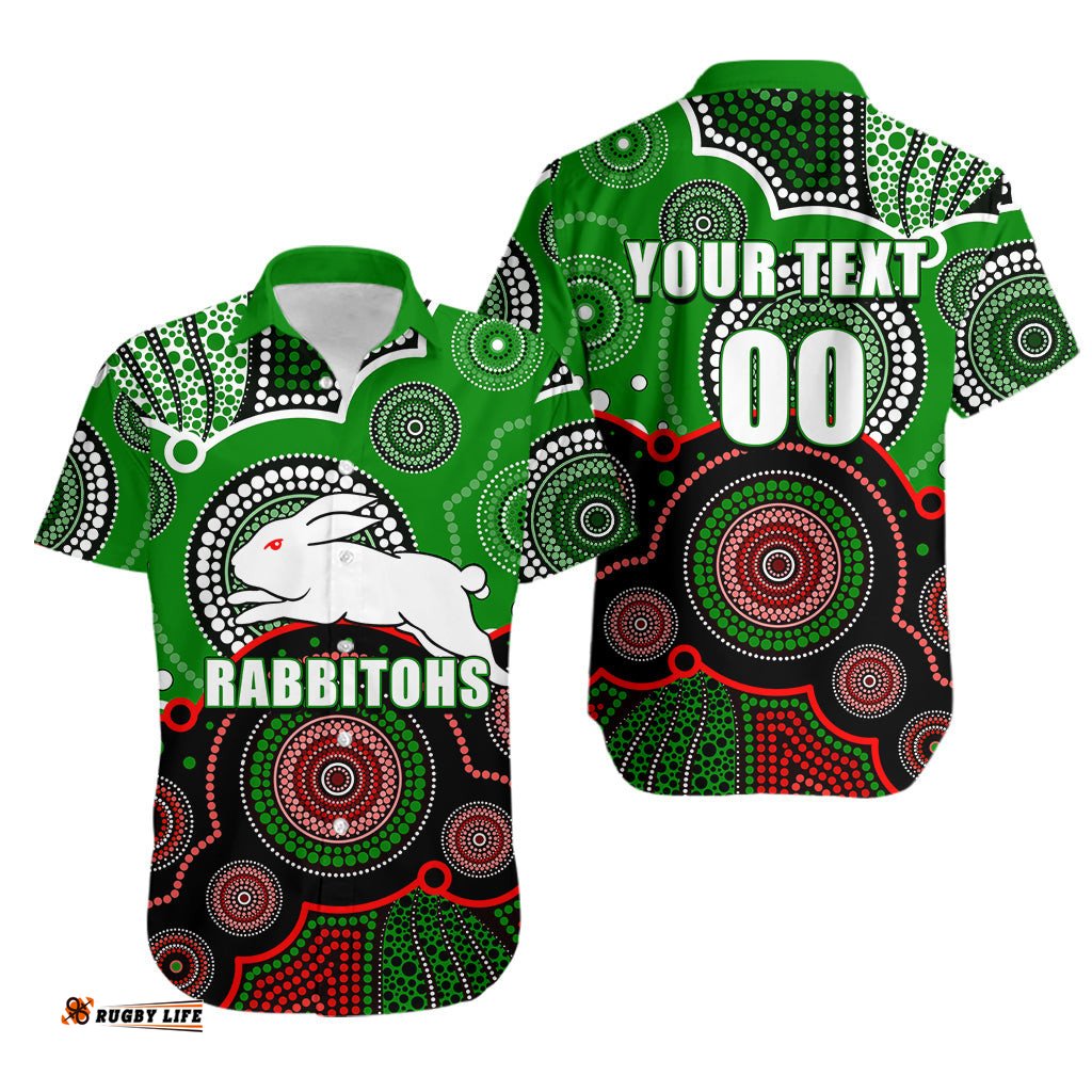 Custom Personalised And Number Rabbitohs NRL Hawaiian Shirt Aboriginal Patterns