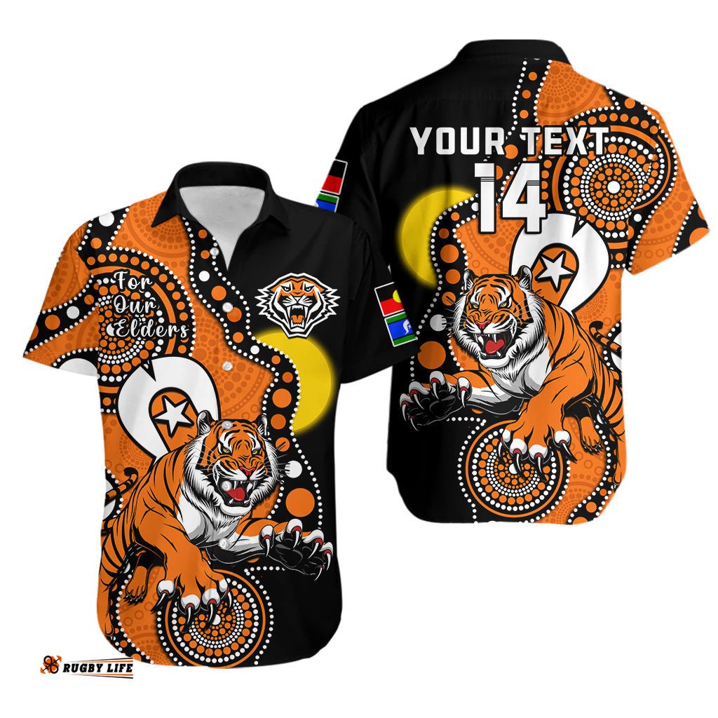 Custom Text And Number Wests Tigers Rugby NAIDOC Hawaiian Shirt For Our Elders Indigenous Art