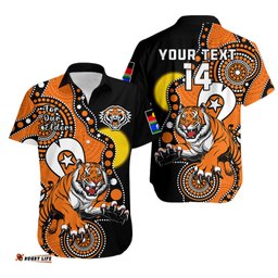 Custom Text And Number Wests Tigers Rugby NAIDOC Hawaiian Shirt For Our Elders Indigenous Art