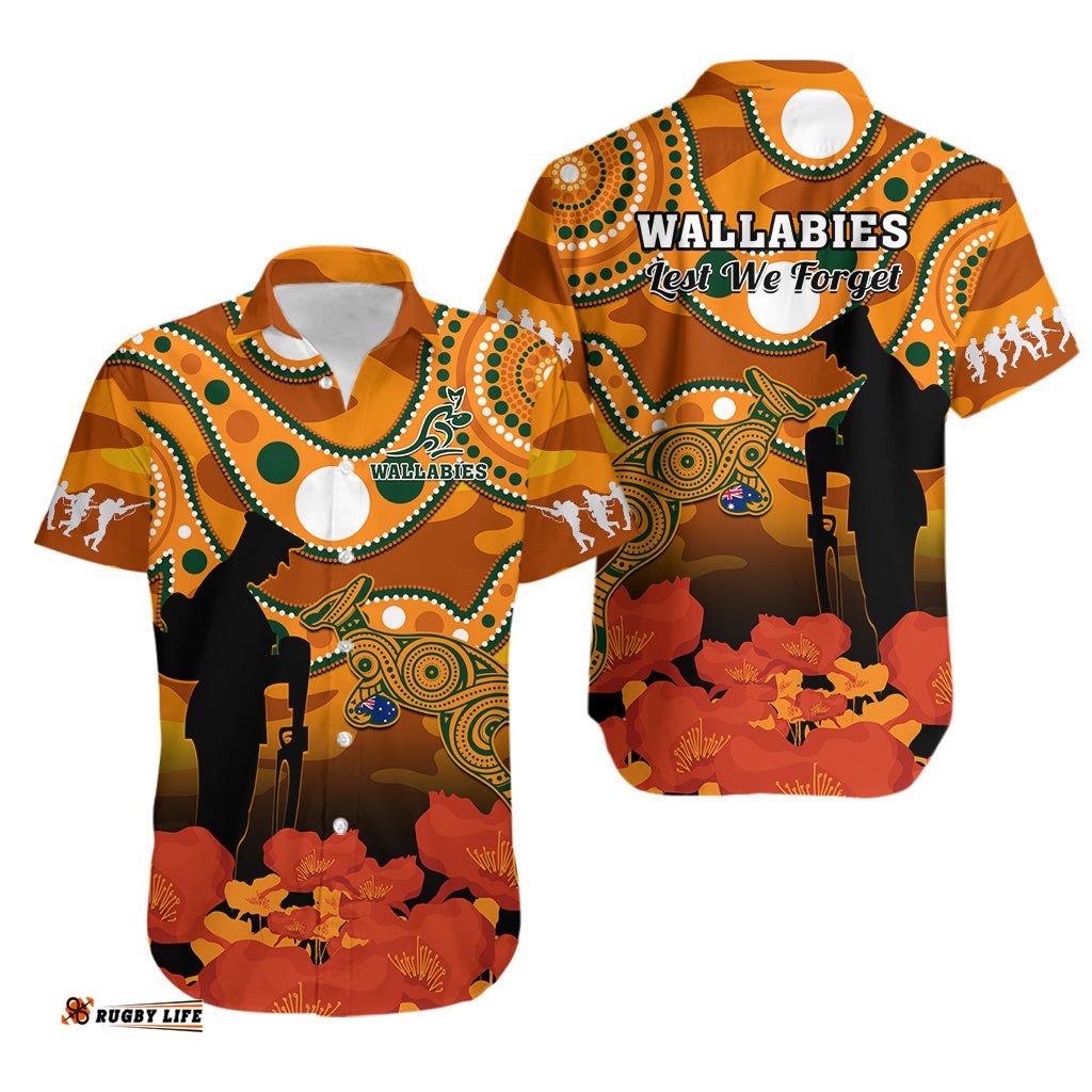 Wallabies Rugby ANZAC Hawaiian Shirt Aboriginal Camouflage Lest We Forget