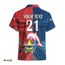 Custom Text And Number NRL Half Dolphins and Half Cowboys Rugby Hawaiian Shirt Aboriginal