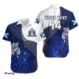 Custom Text And Number Scotland Rugby Hawaiian Shirt Thistle Unique Go Scottish Blue Version