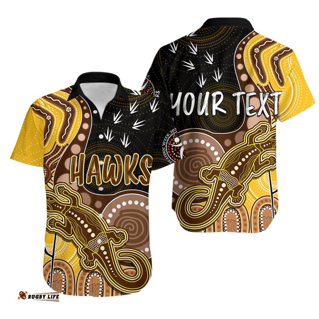 Personalised NAIDOC Week AFL Hawks Hawaiian Shirt Aboriginal Dot Art Lizard Mix Boomerang