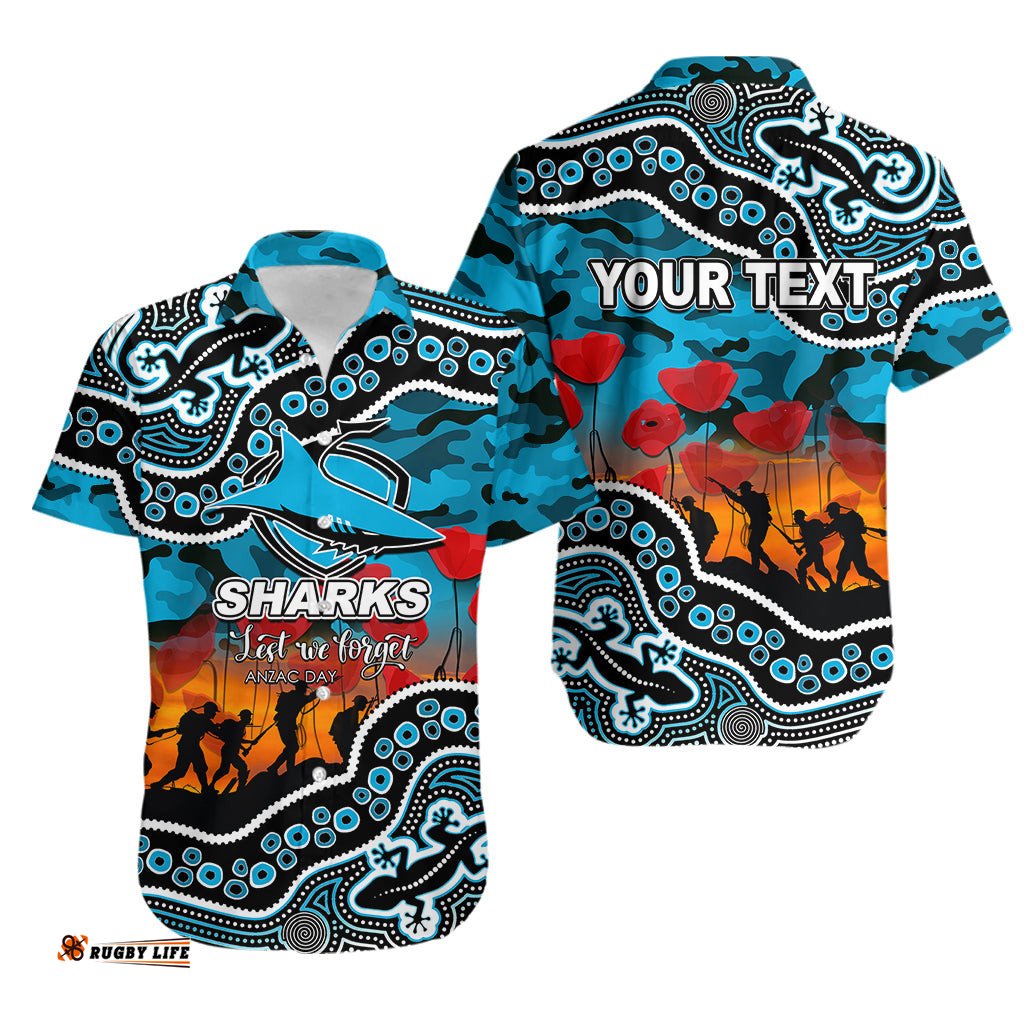 Custom Personalised Anzac Day NRL Sharks Hawaiian Shirt Aboriginal Lizard Patterns