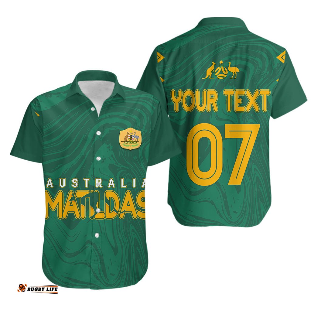 Personalised Aussie Matildas Hawaiian Shirt Women World Cup Marble Patterns Green