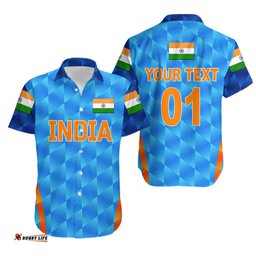 Custom Personalised India Cricket Hawaiian Shirt Men In Blue Unique Light Blue