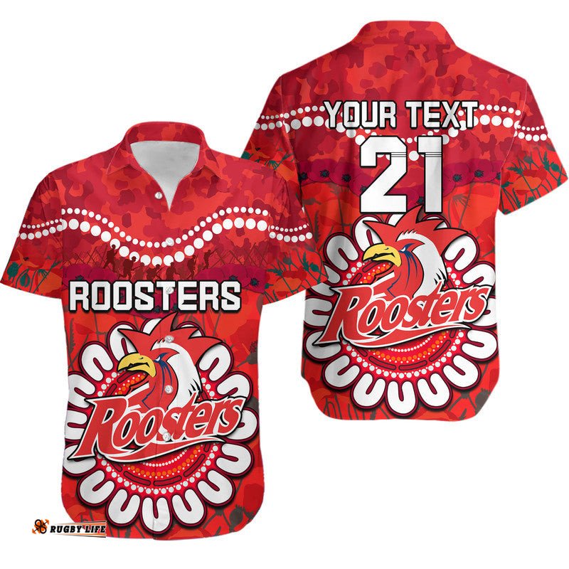 Custom Personalised Roosters Rugby ANZAC Hawaiian Shirt Camouflage Poppy