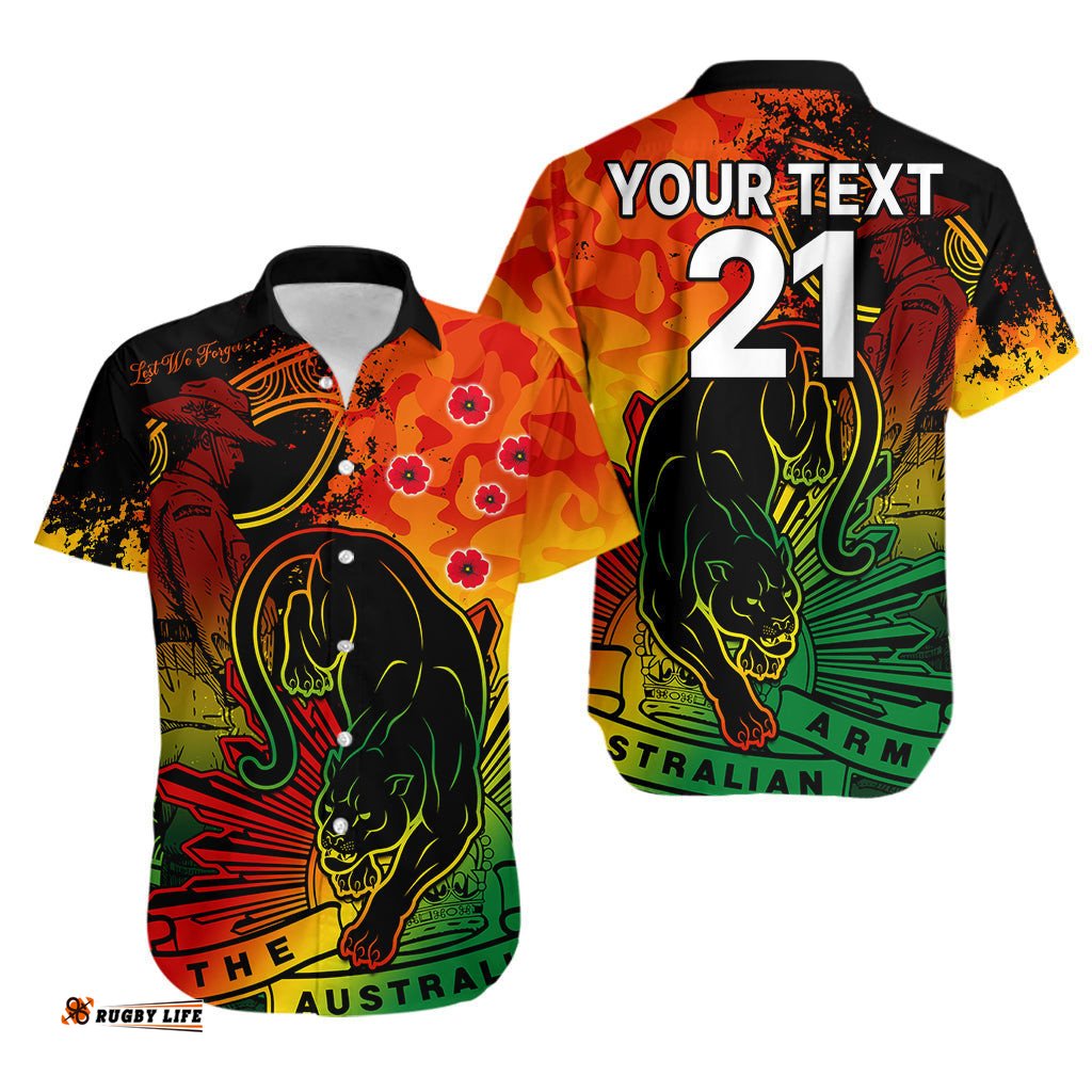 Custom Text And Number NRL ANZAC Panthers Hawaiian Shirt Camouflage