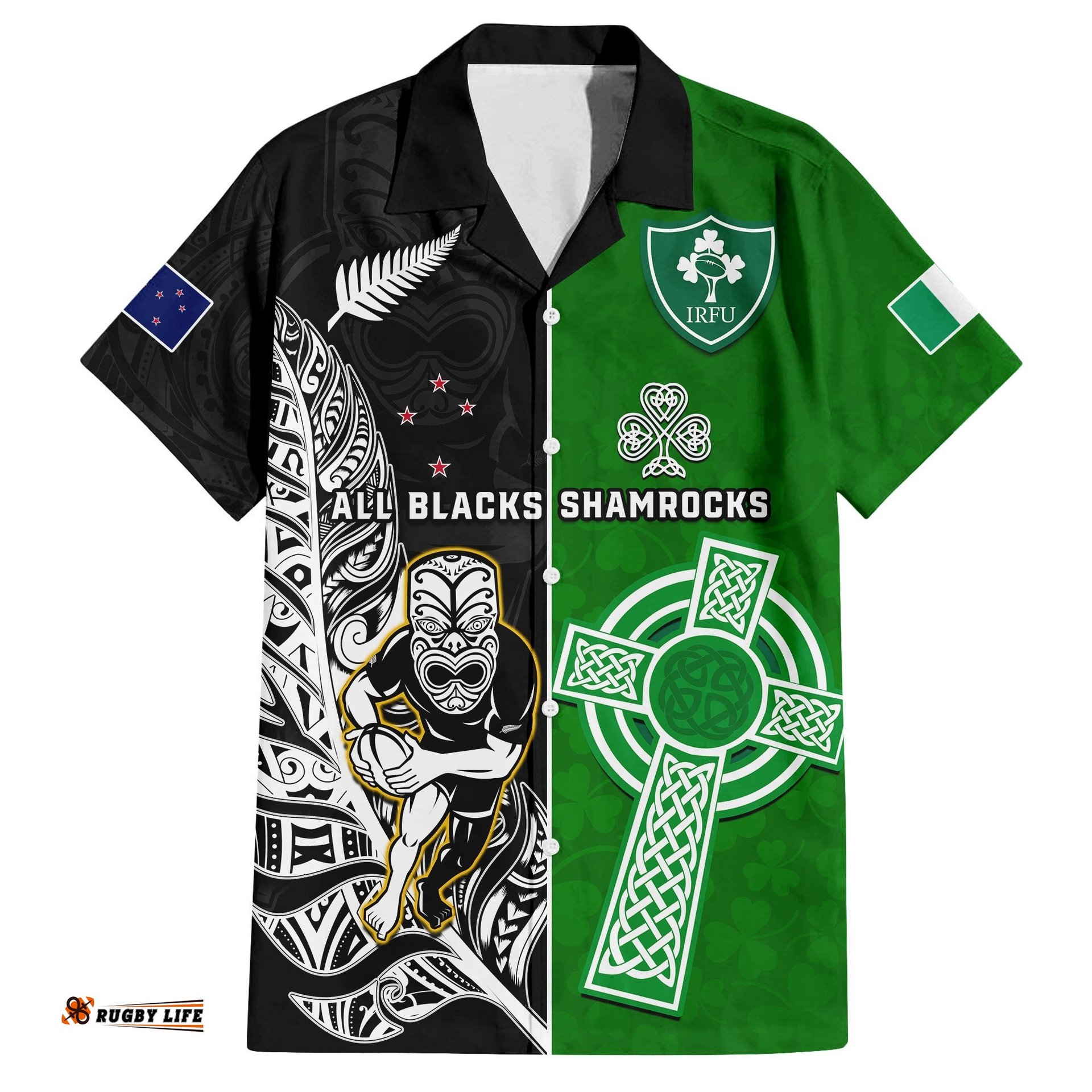 Custom Personalised New Zealand And Ireland Rugby Hawaiian Shirt All Black Maori Mix Shamrocks