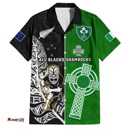 Custom Personalised New Zealand And Ireland Rugby Hawaiian Shirt All Black Maori Mix Shamrocks