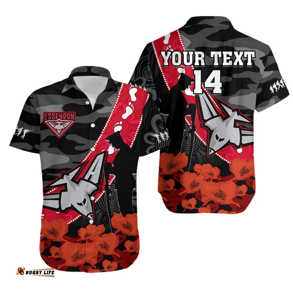 Custom Text And Number Essendon Football ANZAC Hawaiian Shirt Bombers Aboriginal Mix Poppy Camouflage
