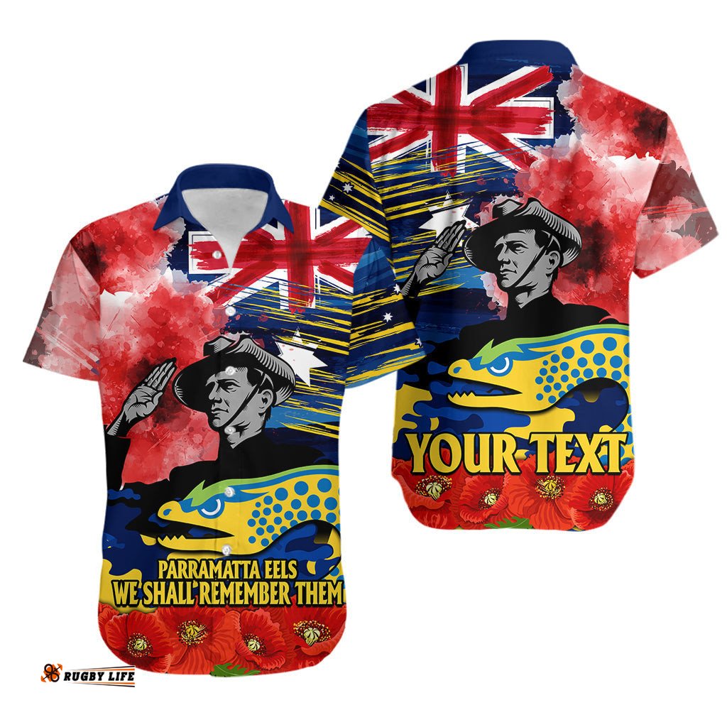 Custom Personalised ANZAC Eels Rugby Hawaiian Shirt We Shall Remember