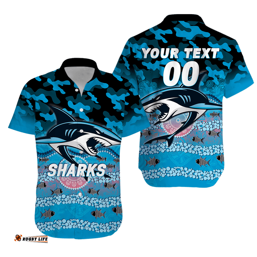 Custom Personalised Sharks Rugby ANZAC Day Camouflage Indigenous Art Hawaiian Shirt