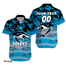 Custom Personalised Sharks Rugby ANZAC Day Camouflage Indigenous Art Hawaiian Shirt