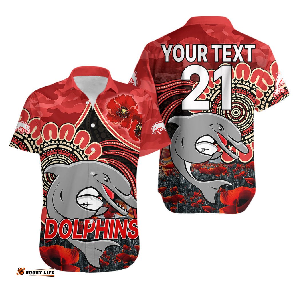 Custom Personalised NRL ANZAC Redcliffe Dolphins Poppy Flowers Hawaiian Shirt