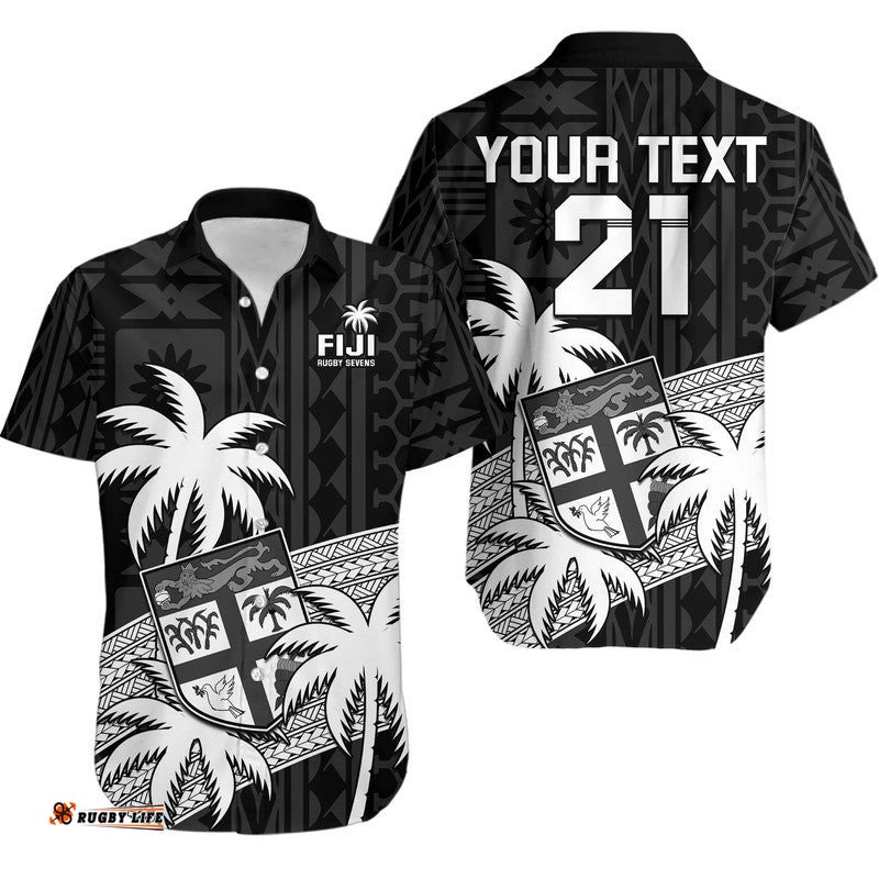Custom Text And Number Fiji Rugby Sevens Hawaiian Shirt Tapa Palm Tree and Fijian Coat of Arms