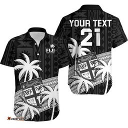 Custom Text And Number Fiji Rugby Sevens Hawaiian Shirt Tapa Palm Tree and Fijian Coat of Arms
