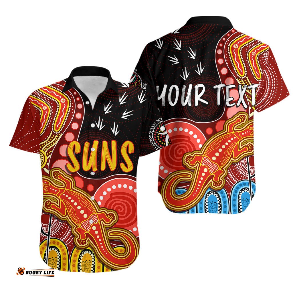 Personalised NAIDOC Week AFL Suns Hawaiian Shirt Aboriginal Dot Art Lizard Mix Boomerang