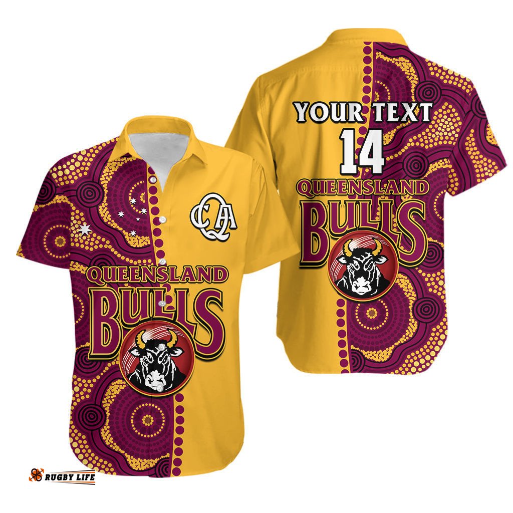Custom Text And Number Queensland Cricket Hawaiian Shirt Bulls Sheffield Shield Indigenous