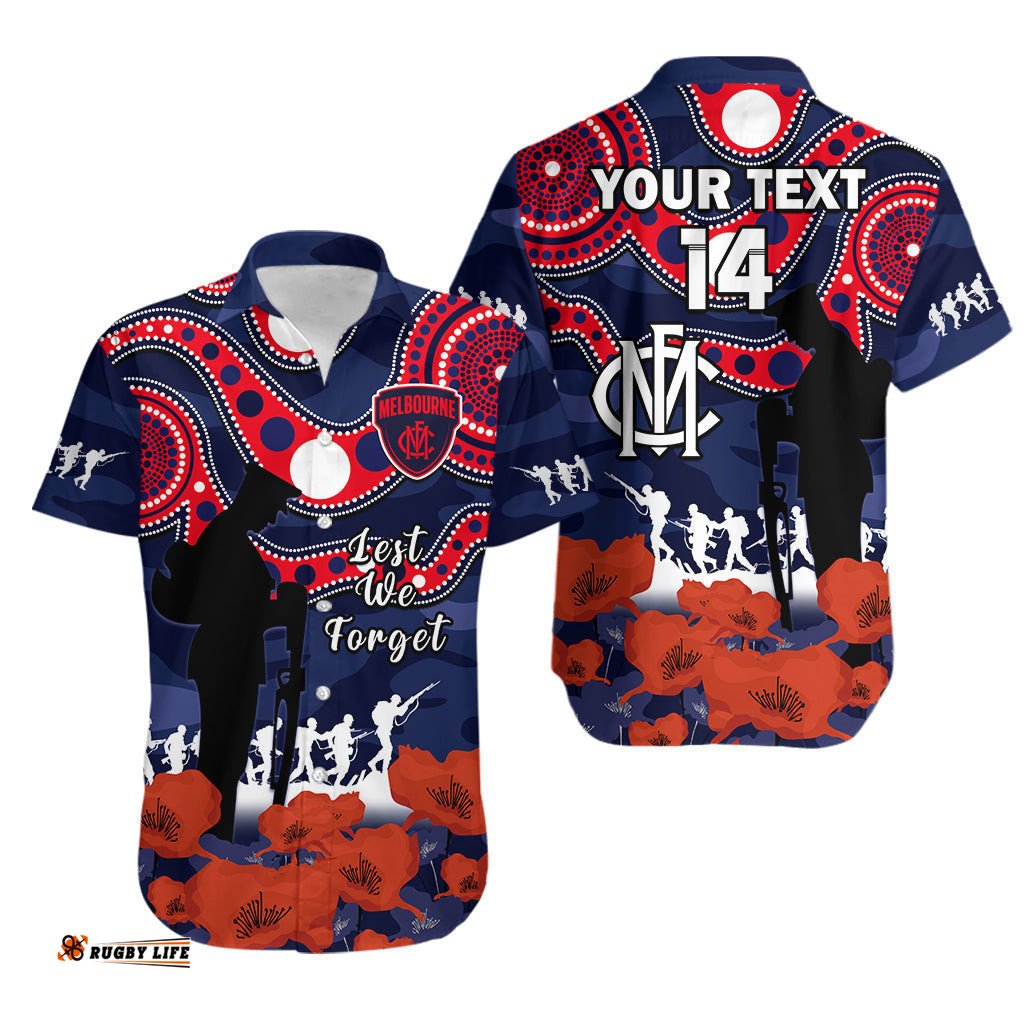 Custom Text And Number Melbourne Football ANZAC Hawaiian Shirt Demons Aboriginal Mix Poppy Camouflage