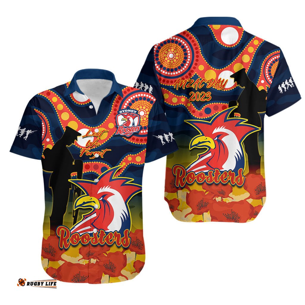 Roosters Rugby ANZAC Hawaiian Shirt Dots Poppy Mix Camouflage Lest We Forget