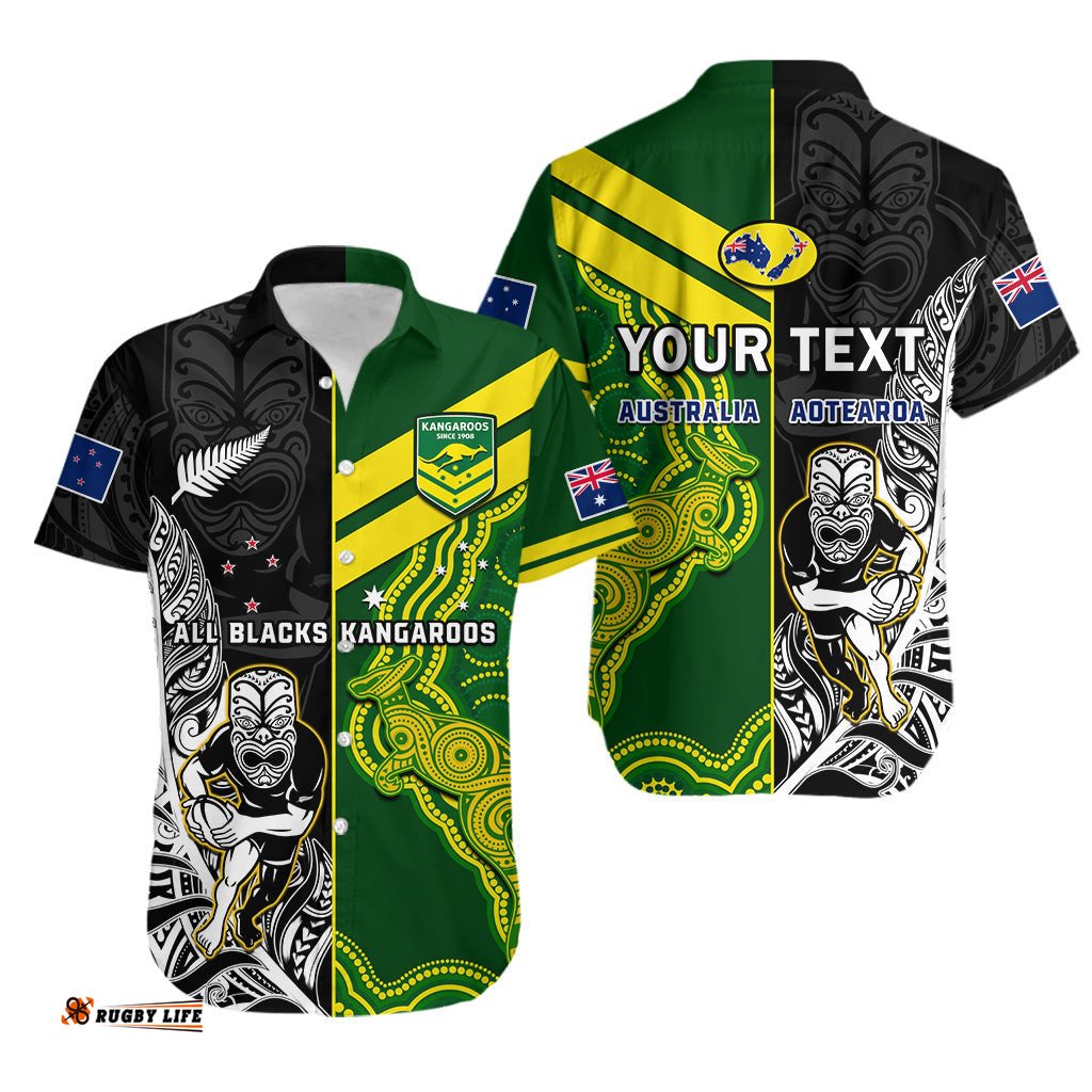 Custom Personalised Australia Kangaroos And All Black Rugby Hawaiian Shirt Aboriginal Mix NZ Maori Fern