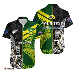 Custom Personalised Australia Kangaroos And All Black Rugby Hawaiian Shirt Aboriginal Mix NZ Maori Fern
