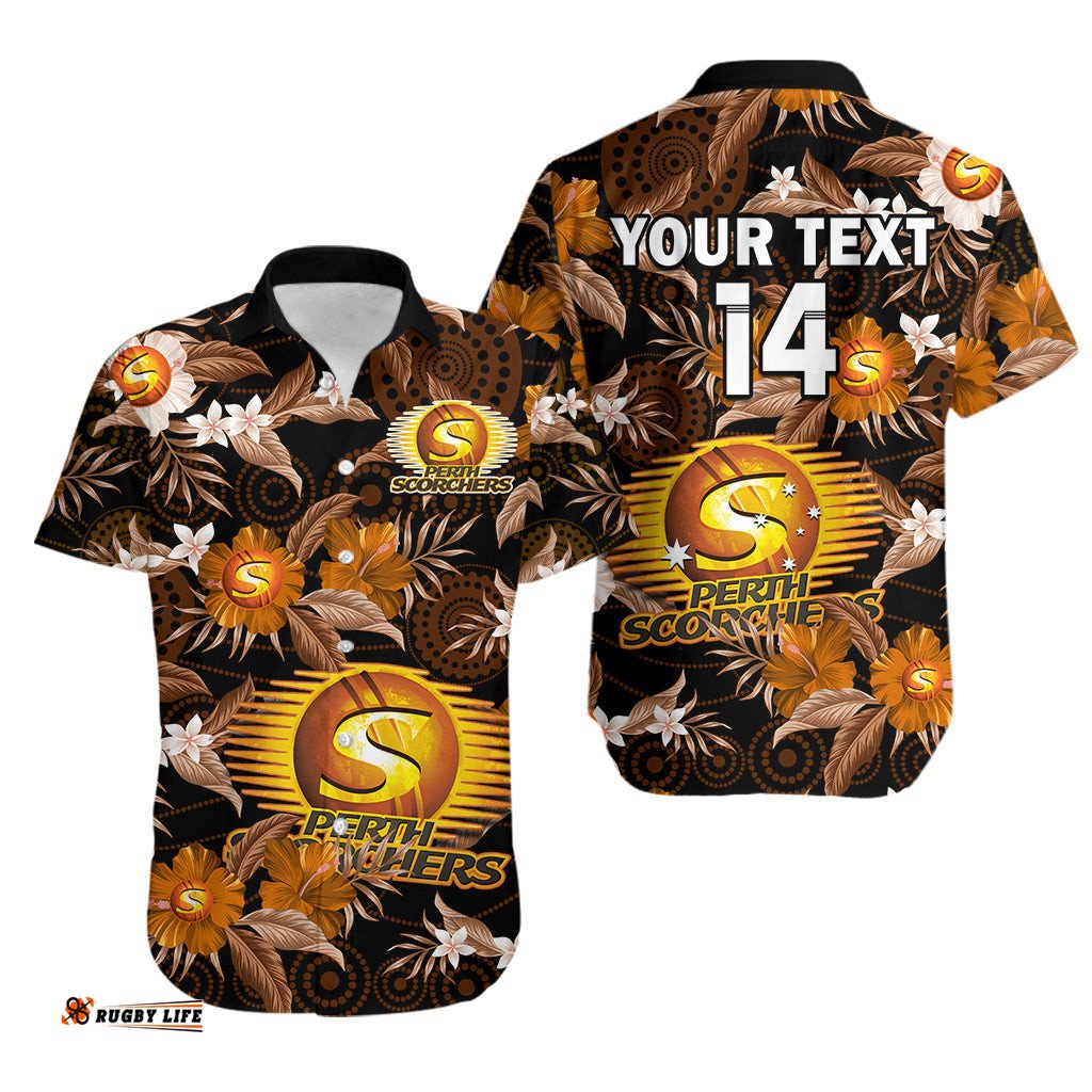 Custom Text And Number Perth Scorchers Cricket Hawaiian Shirt Aboriginal Art Mix Tropical Flowers