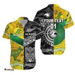 Custom Personalised New Zealand Maori All Black And Australia Wallabies Aboriginal Hawaiian Shirt Rugby Together