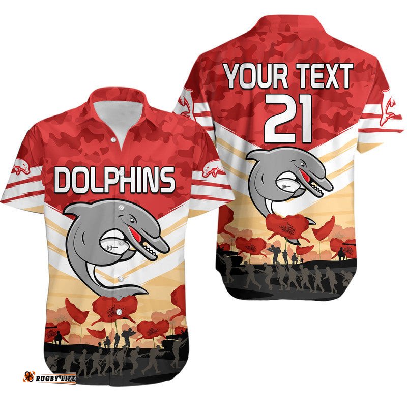 Custom Text And Number Redcliffe Dolphins Rugby ANZAC Hawaiian Shirt We Will Remember