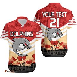 Custom Text And Number Redcliffe Dolphins Rugby ANZAC Hawaiian Shirt We Will Remember