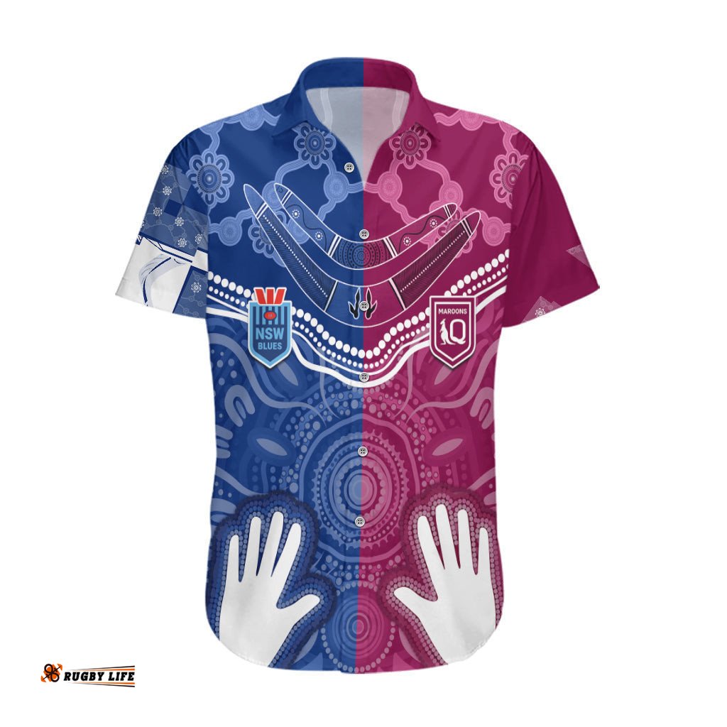 Personalised QLD Maroons Mix NSW Blues Indigenous Hawaiian Shirt Rugby State of Origin
