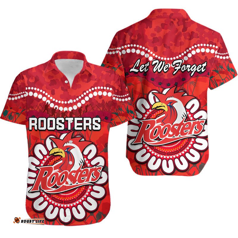 Roosters Rugby ANZAC Hawaiian Shirt Camouflage Poppy